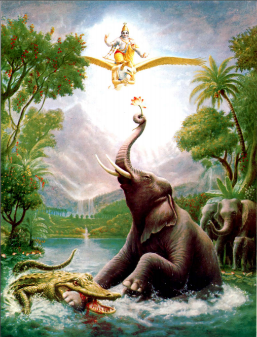 Gajendra Moksha sacred artwork with Lord Vishnu and Gajendra